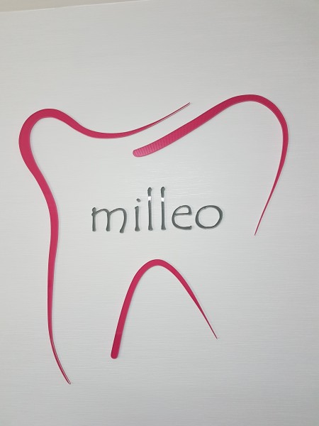 3D Acryl Logo MILLEO (8mm transparent) direkt auf die Wand geklebt